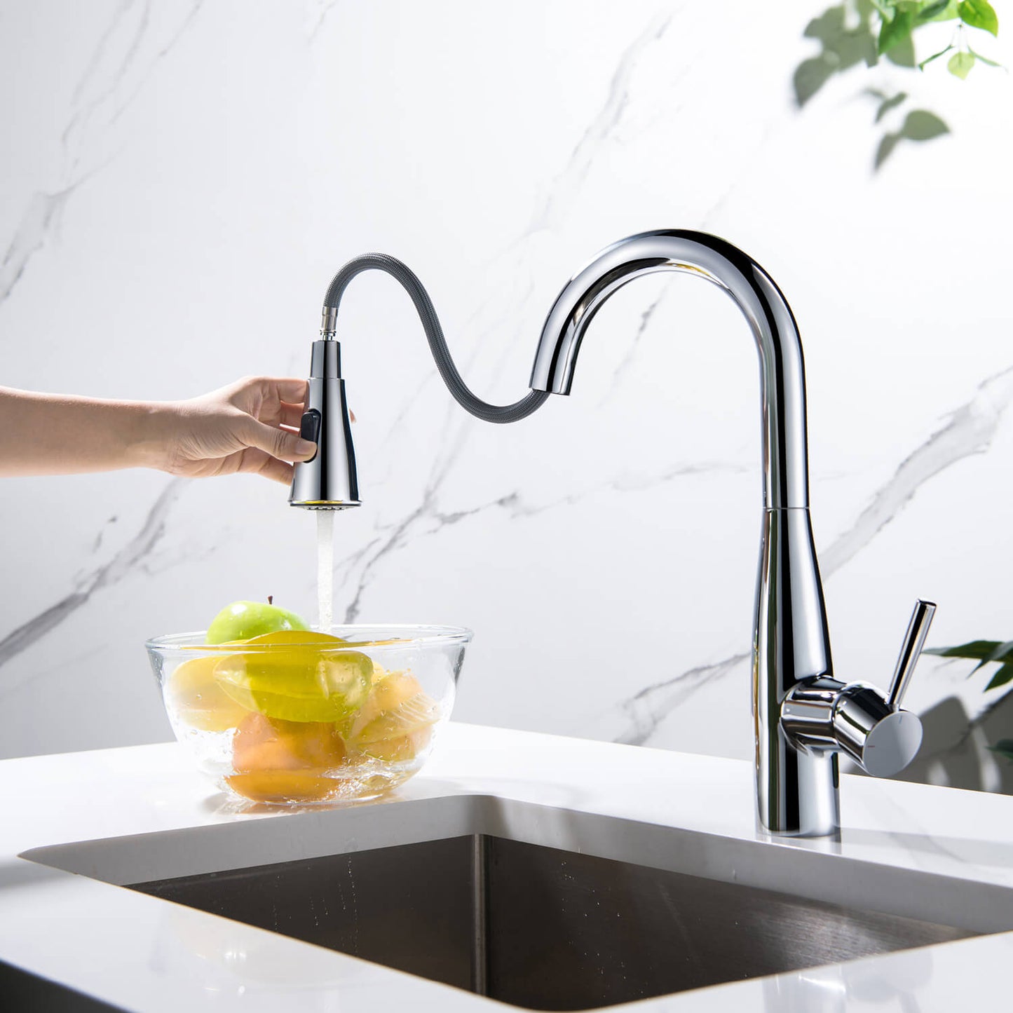 Aquavit Sleek Brass Kitchen Faucet with 360° Swivel Spout and Dual-Function Spray KF14102