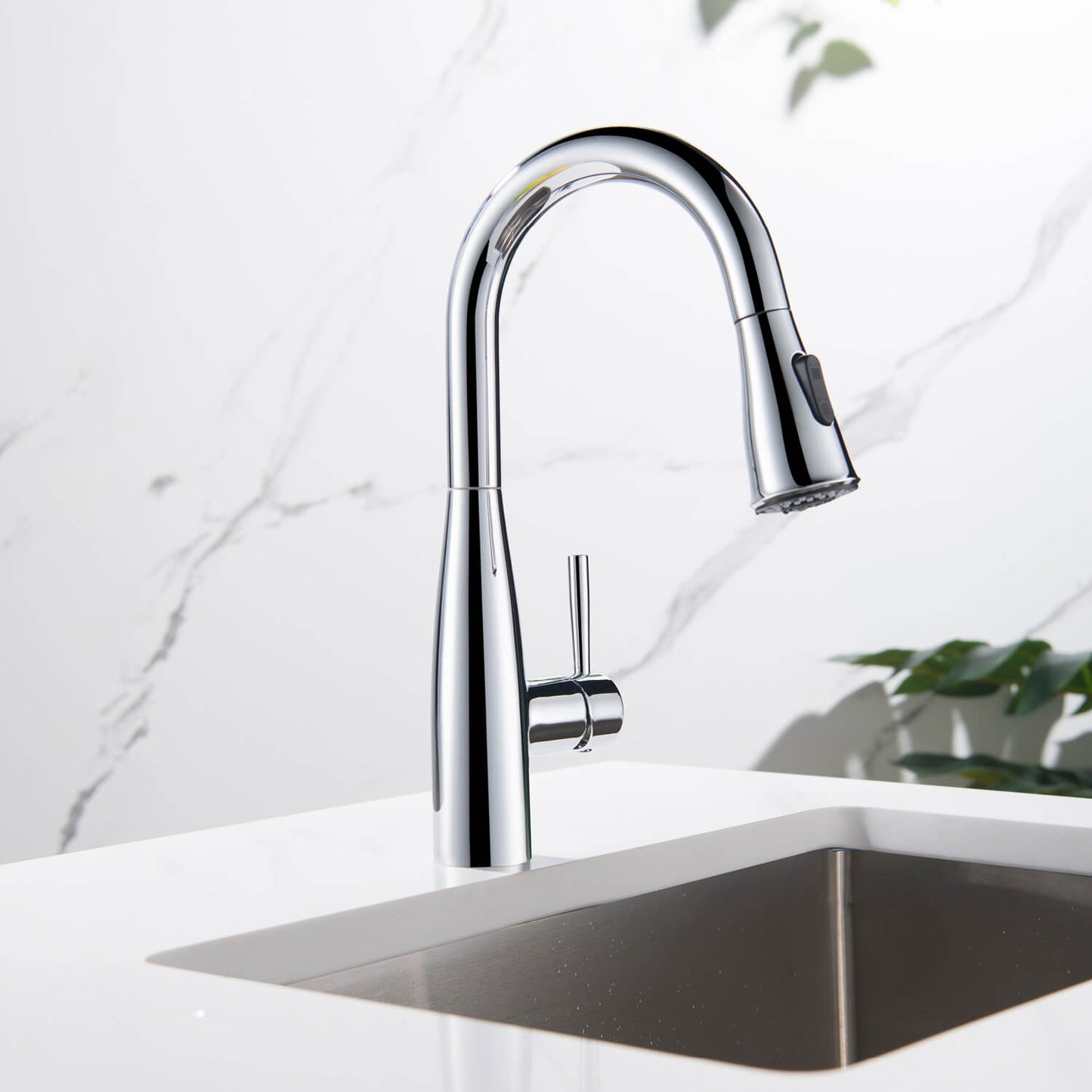 Aquavit Sleek Brass Kitchen Faucet with 360° Swivel Spout and Dual-Function Spray KF14102