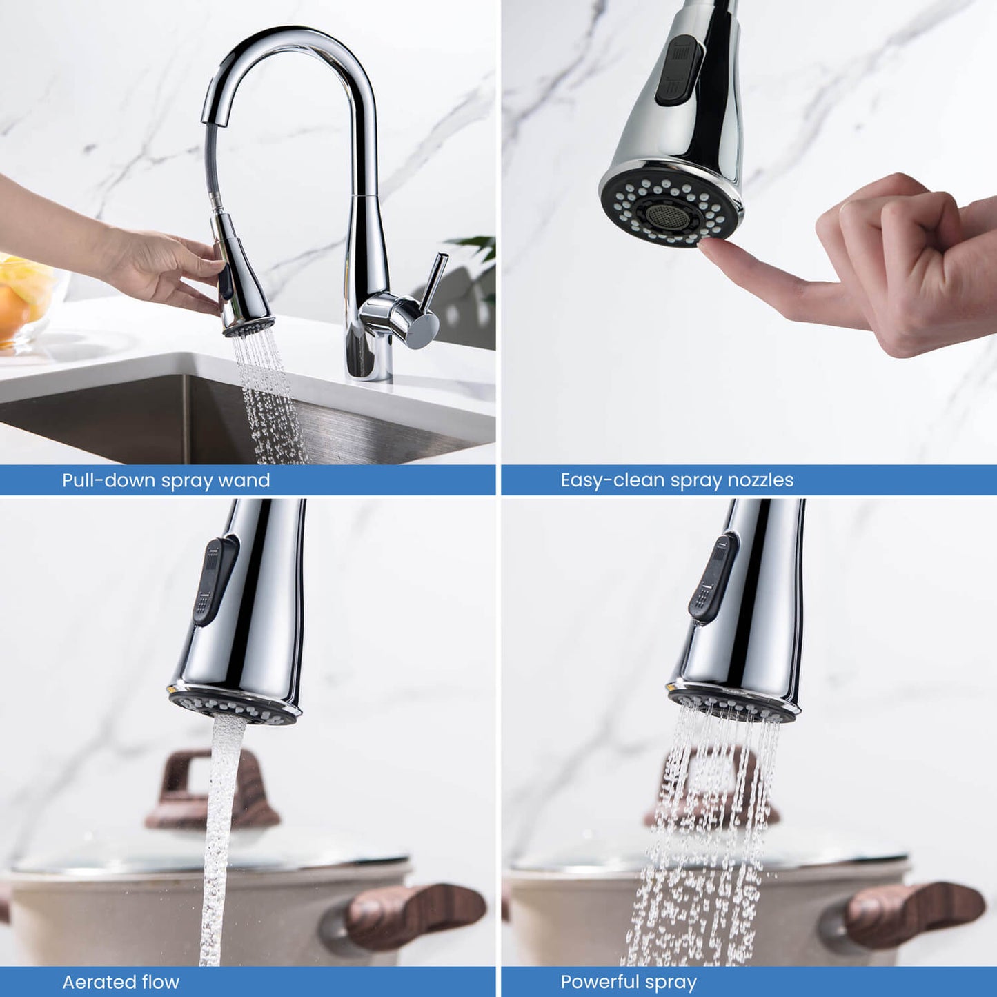Aquavit Sleek Brass Kitchen Faucet with 360° Swivel Spout and Dual-Function Spray KF14102