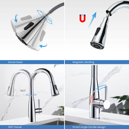 Aquavit Sleek Brass Kitchen Faucet with 360° Swivel Spout and Dual-Function Spray KF14102