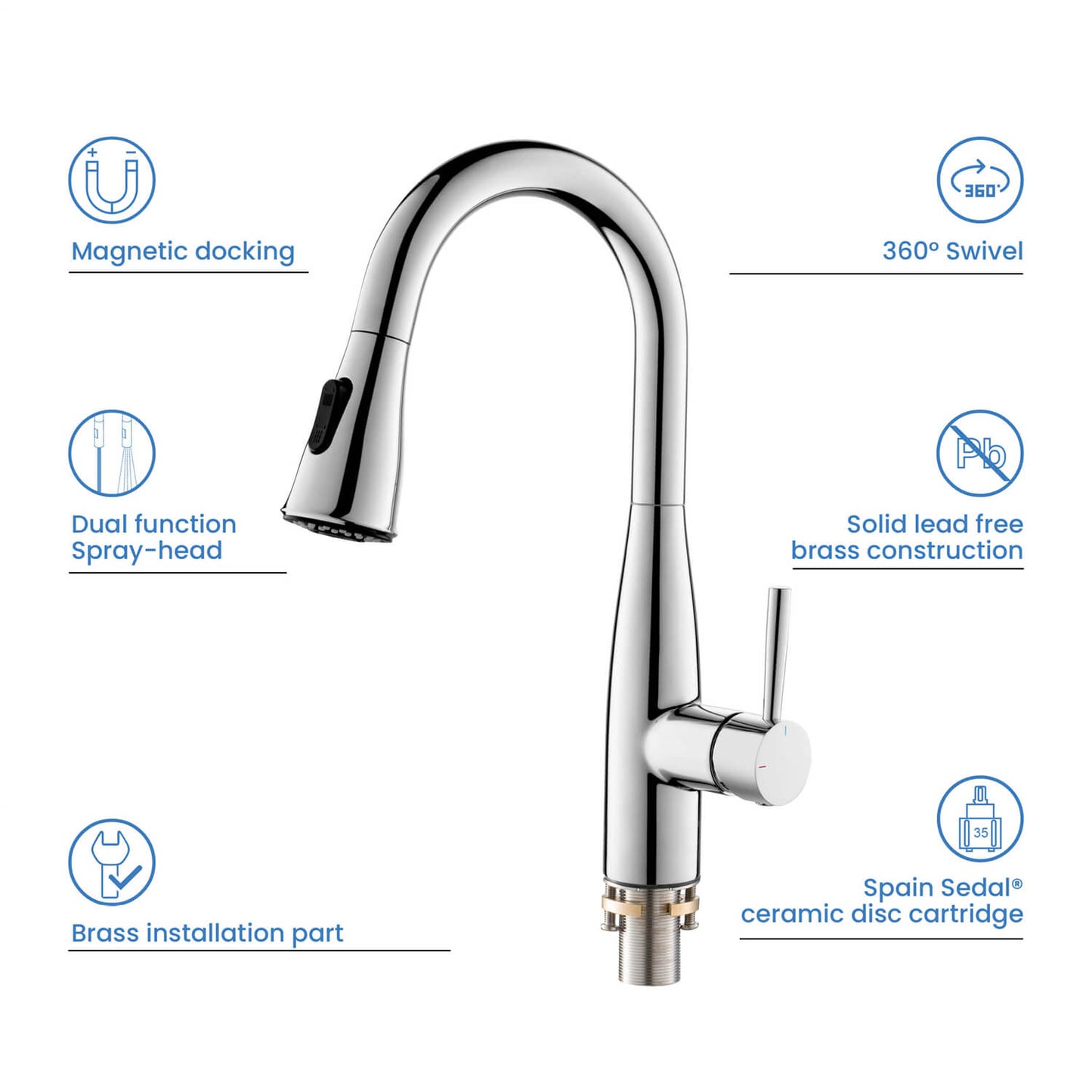Aquavit Sleek Brass Kitchen Faucet with 360° Swivel Spout and Dual-Function Spray KF14102