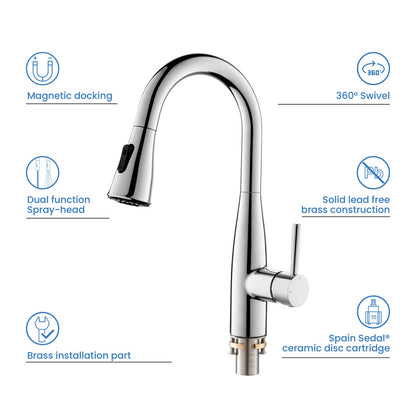 Aquavit Sleek Brass Kitchen Faucet with 360° Swivel Spout and Dual-Function Spray KF14102
