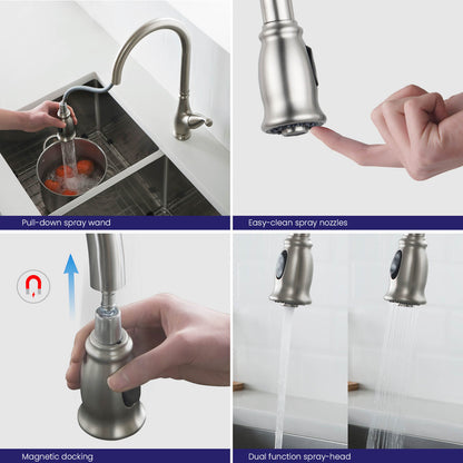 Aquavit Vintage Kitchen Faucet with Transitional Design and Pull-Down Spray KF17101