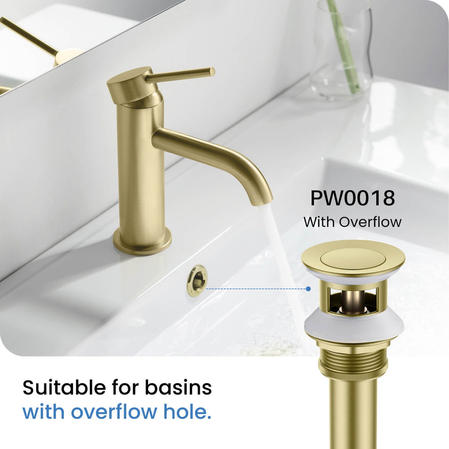 Aquavit Brass Pop-Up Drain Waste Trap With overflow 30cm Stainless pipe PW0018