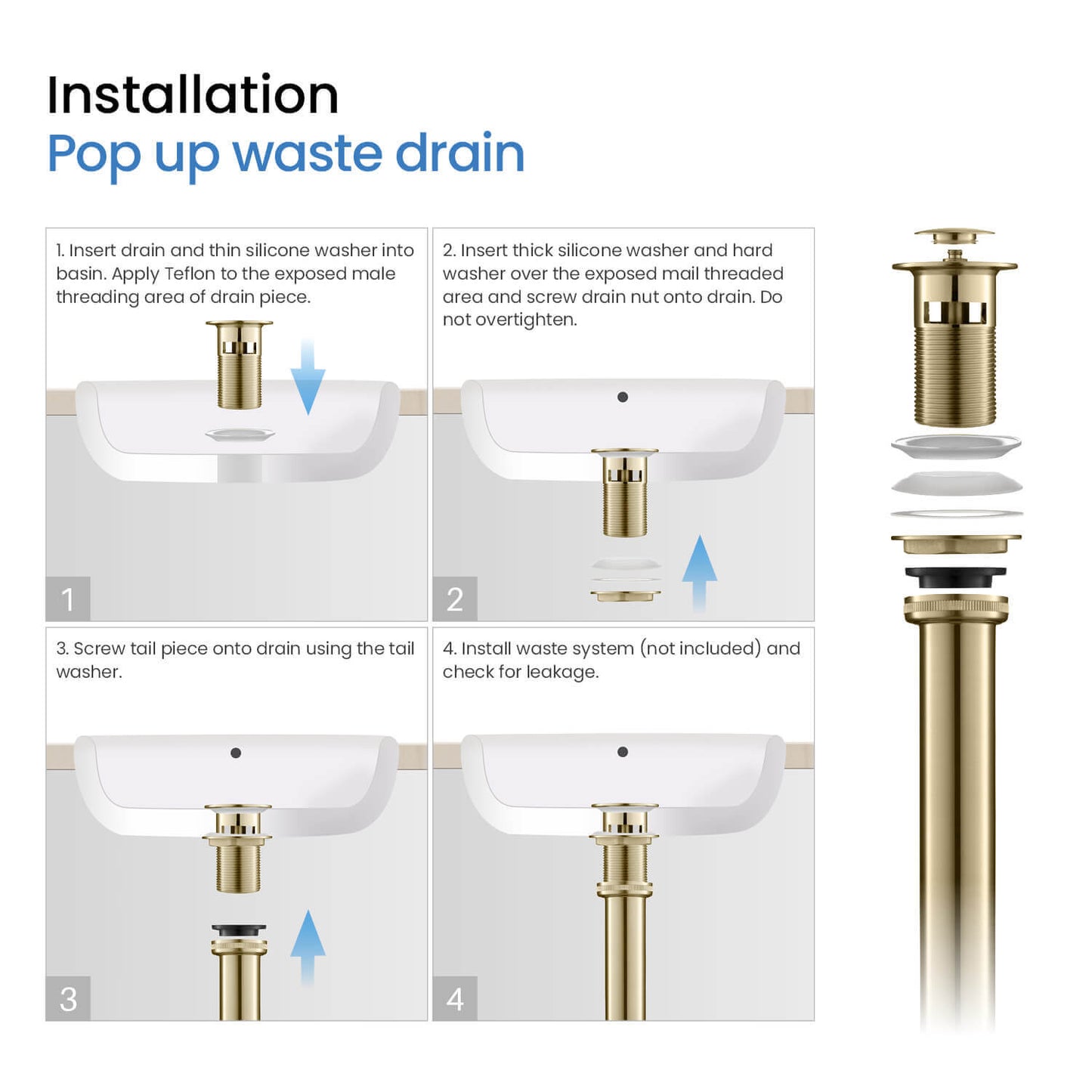 Aquavit Brass Pop-Up Drain Waste Trap With overflow 30cm Stainless pipe PW0018