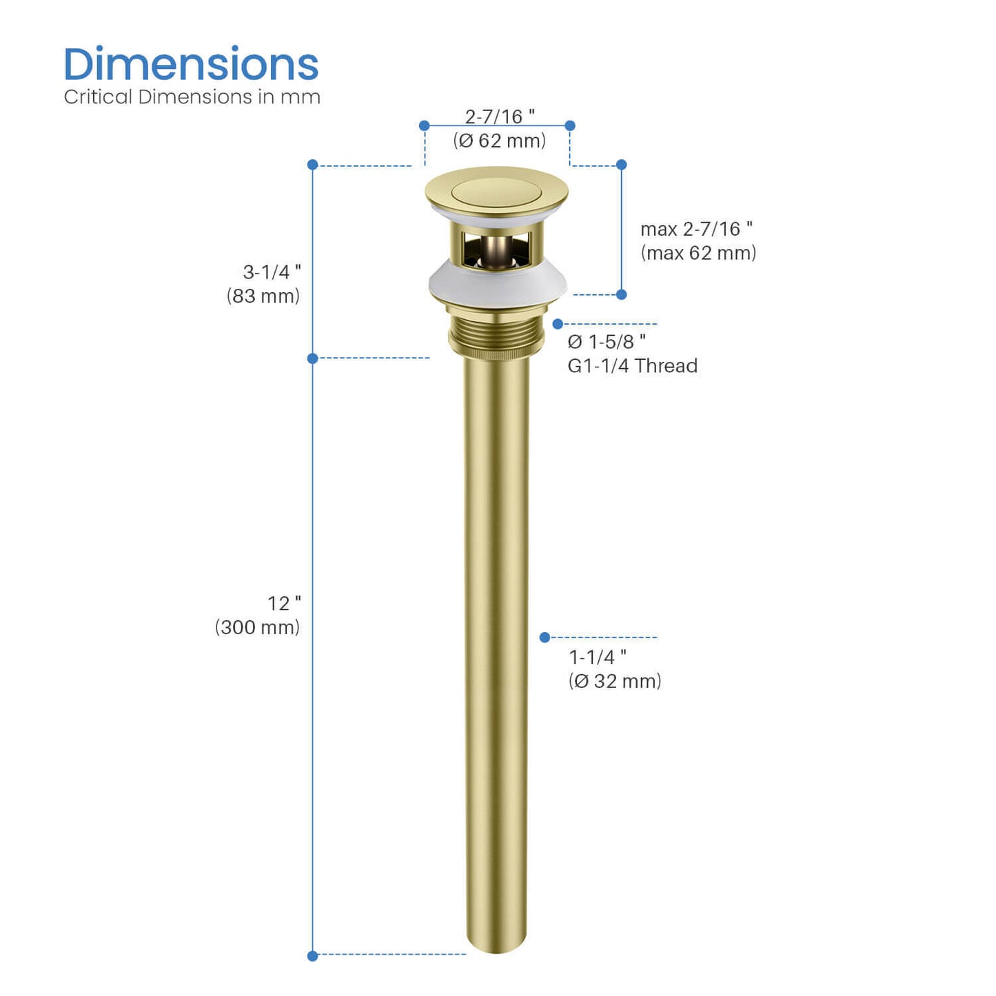 Aquavit Brass Pop-Up Drain Waste Trap With overflow 30cm Stainless pipe PW0018