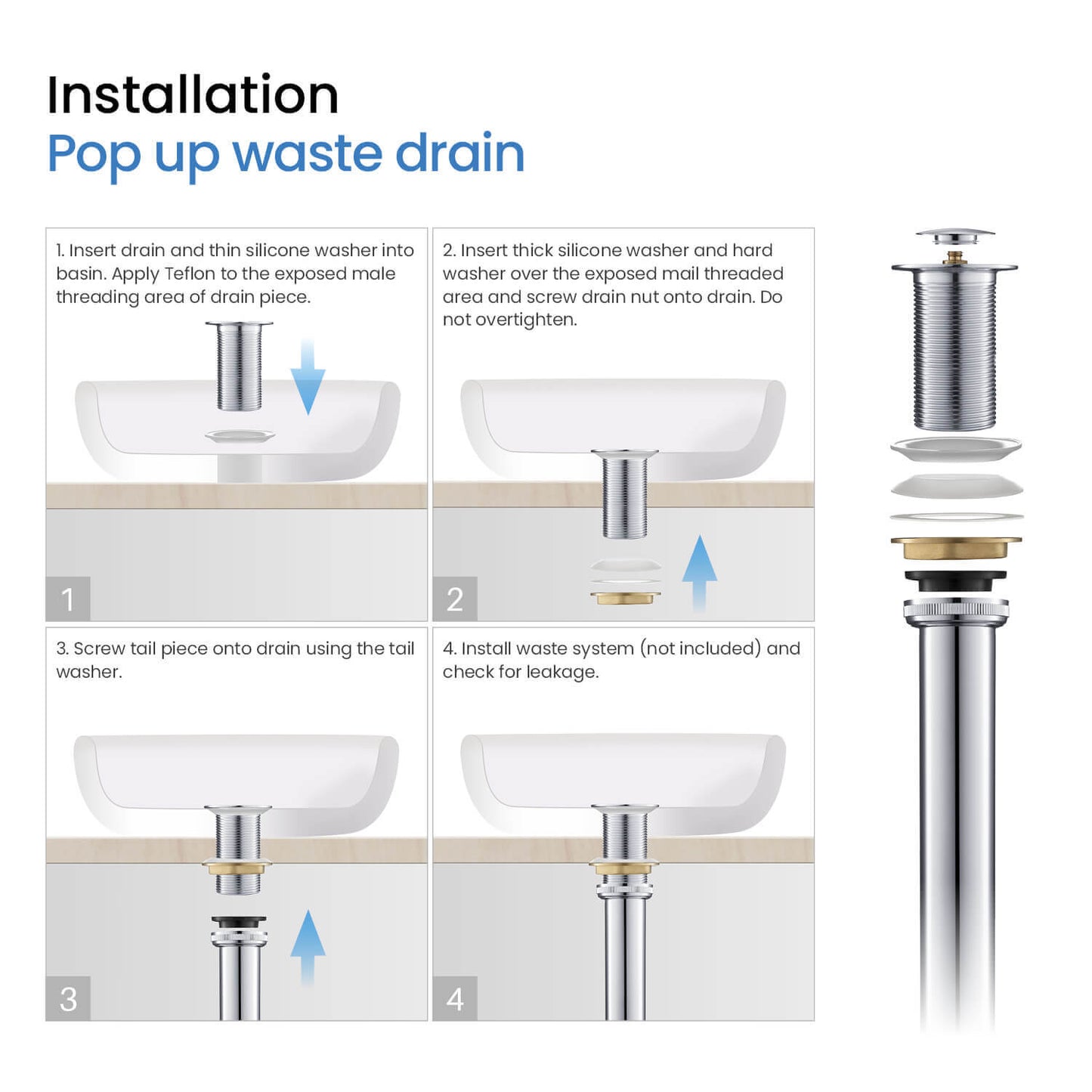 Brass Pop-Up Waste Small Round cover With overflow 30cm Stainless pipe PW0019