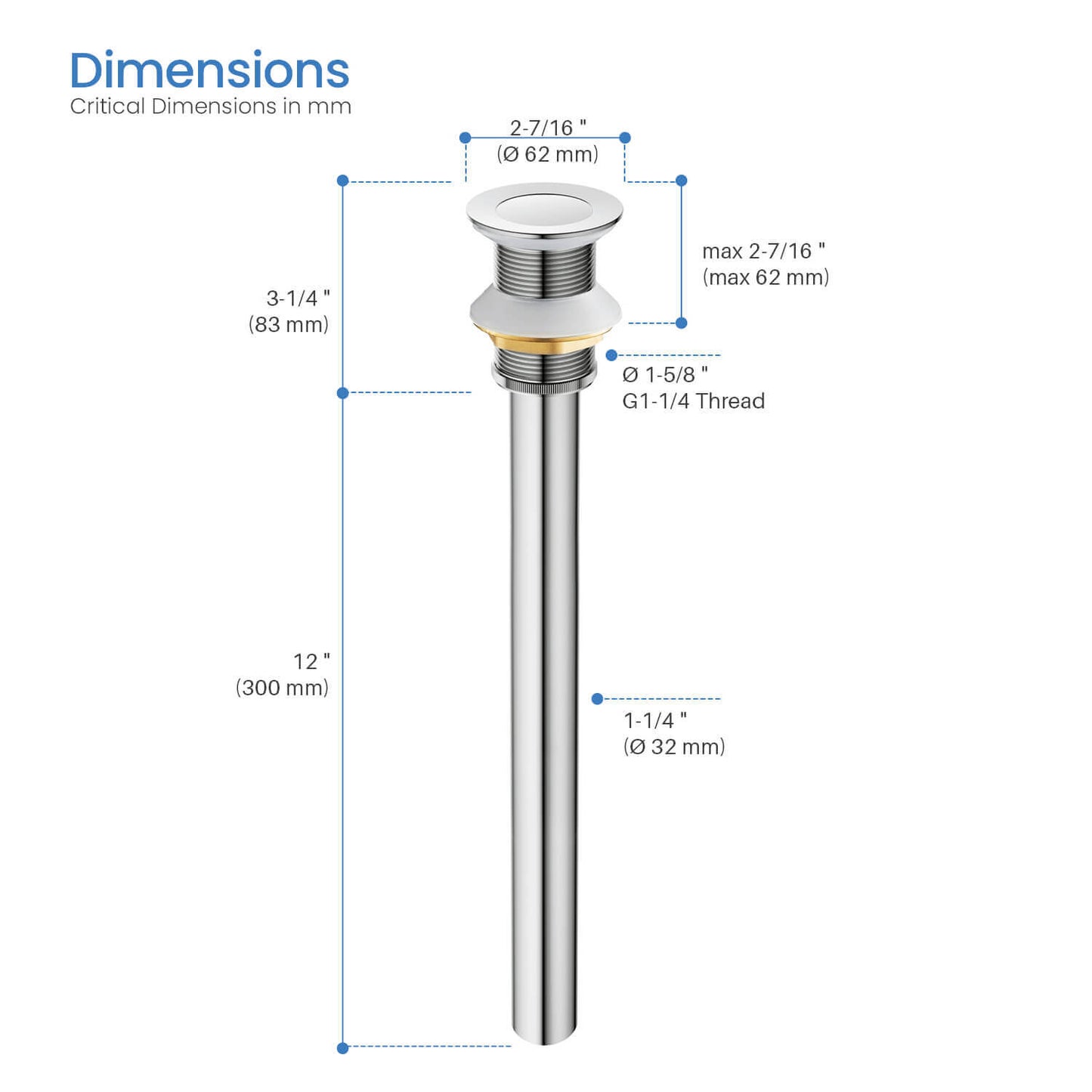 Brass Pop-Up Waste Small Round cover With overflow 30cm Stainless pipe PW0019