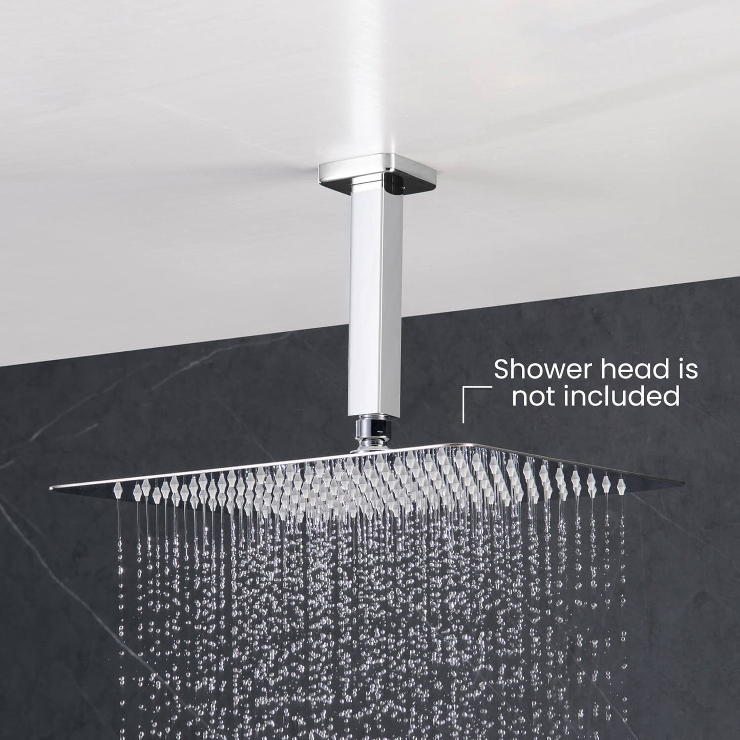 Ceiling-mounted shower arm connected to a square rain shower head