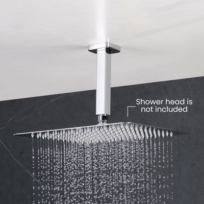 Ceiling-mounted shower arm connected to a square rain shower head