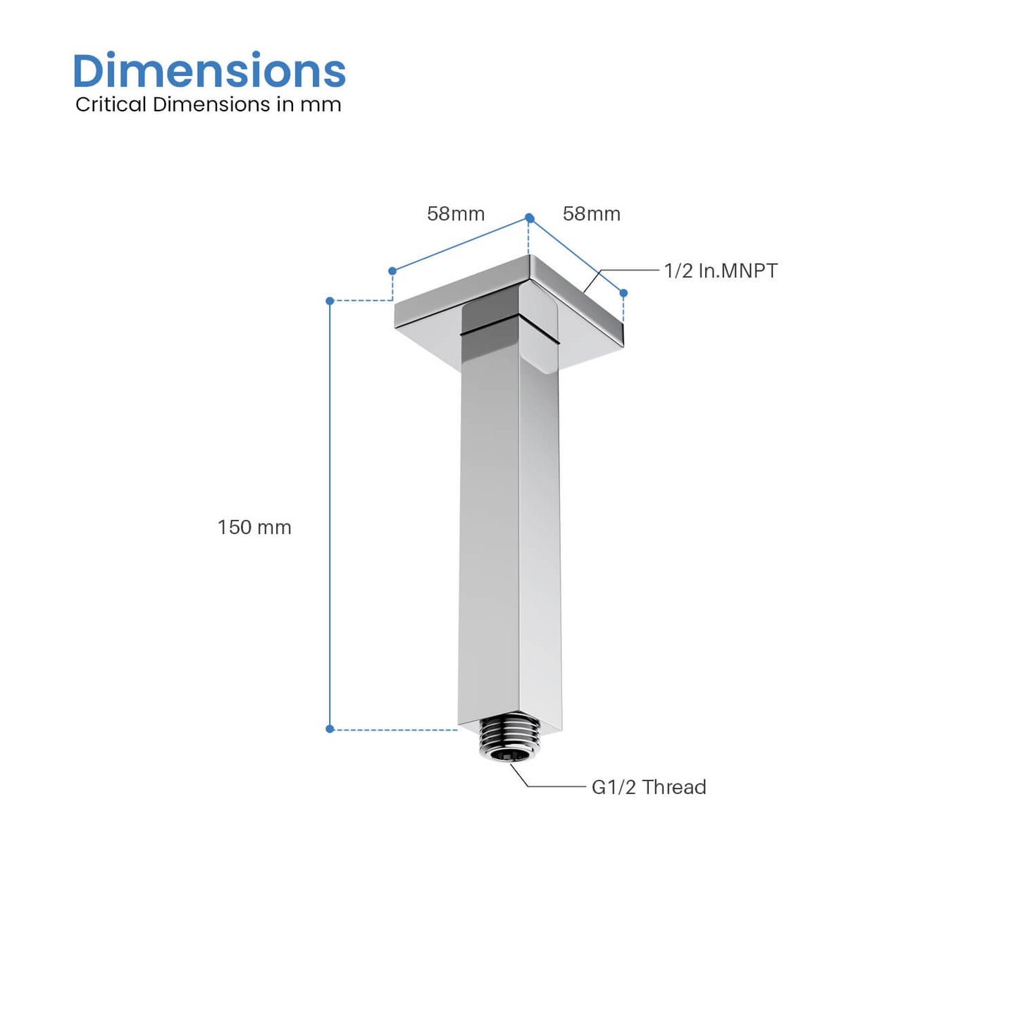 SAS1502 150 mm square ceiling shower arm dimensions