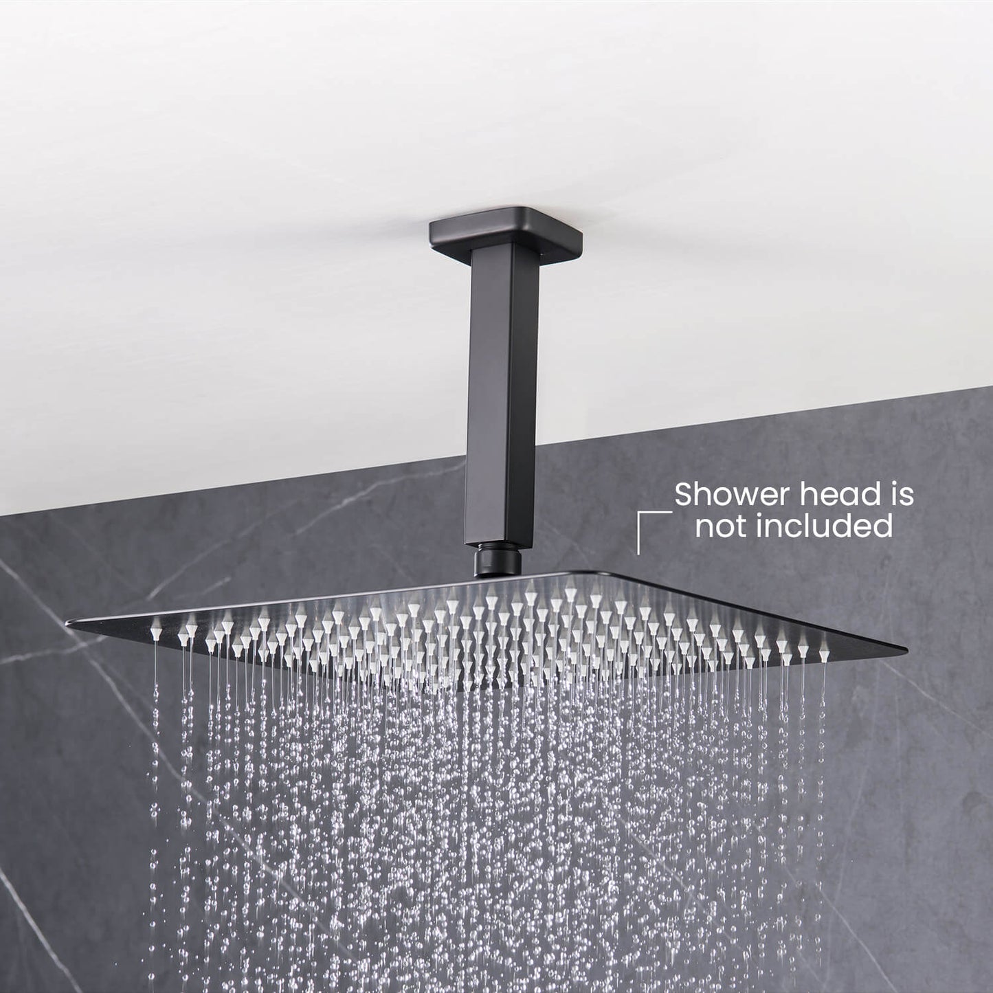 Matte Black square ceiling shower arm for an overhead rain shower