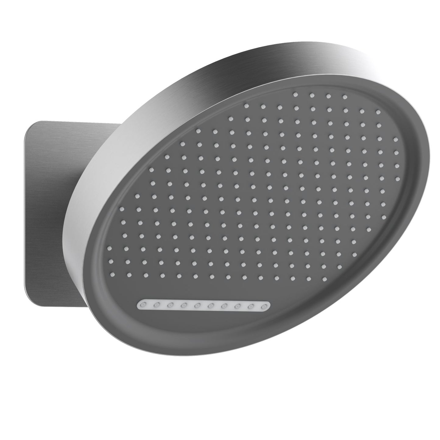 Brushed nickel round shower head with oscillating spray