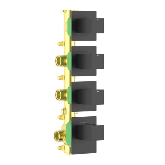 Aquavit Cube matte black 3 to 6 outlet thermostatic shower valve with separate square trim plates VT0874X01V