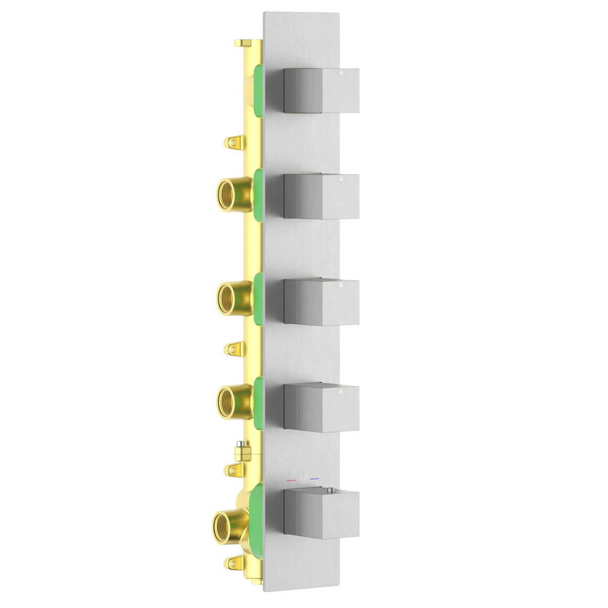Aquavit Cube brushed nickel 4 to 8 outlet thermostatic shower valve with continuous rectangular trim plate VT0875X02V