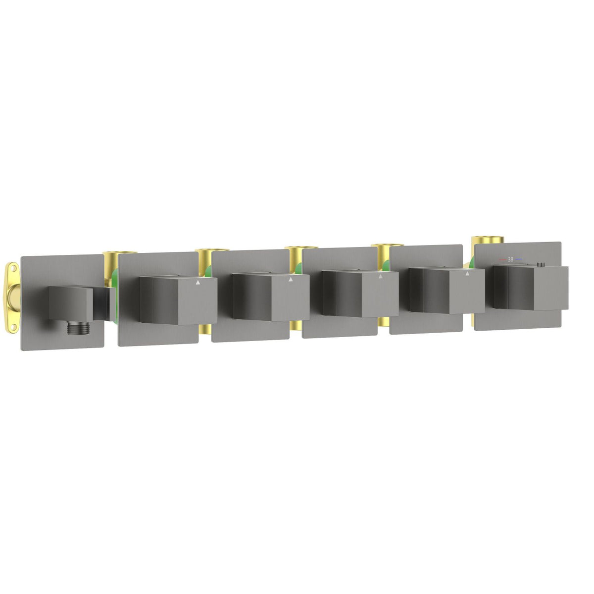 Aquavit Cube brushed gunmetal 4 to 8 outlet thermostatic shower valve with integrated hand shower holder VT0876X01AL
