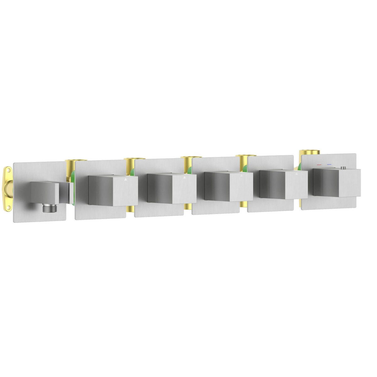 Aquavit Cube brushed nickel 4 to 8 outlet thermostatic shower valve with integrated hand shower holder VT0876X01AL