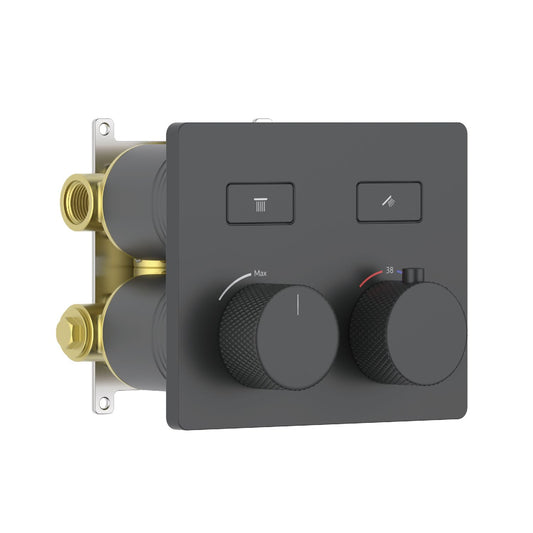 Aquavit VT08B4201 matte black two-outlet concealed thermostatic shower mixer with push-button diverters