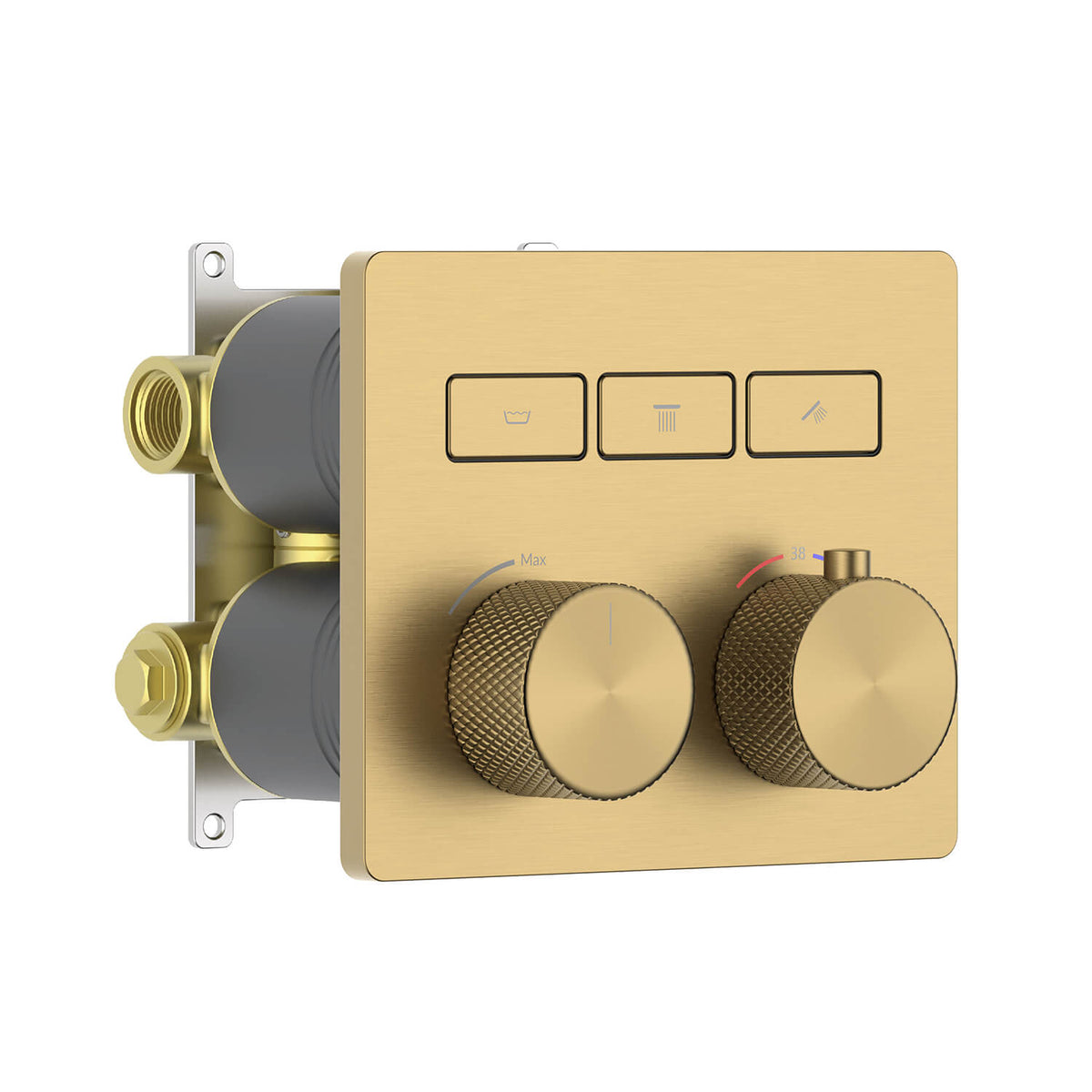 Aquavit VT08B5301 brushed brass three-outlet concealed thermostatic shower mixer with push-button diverters