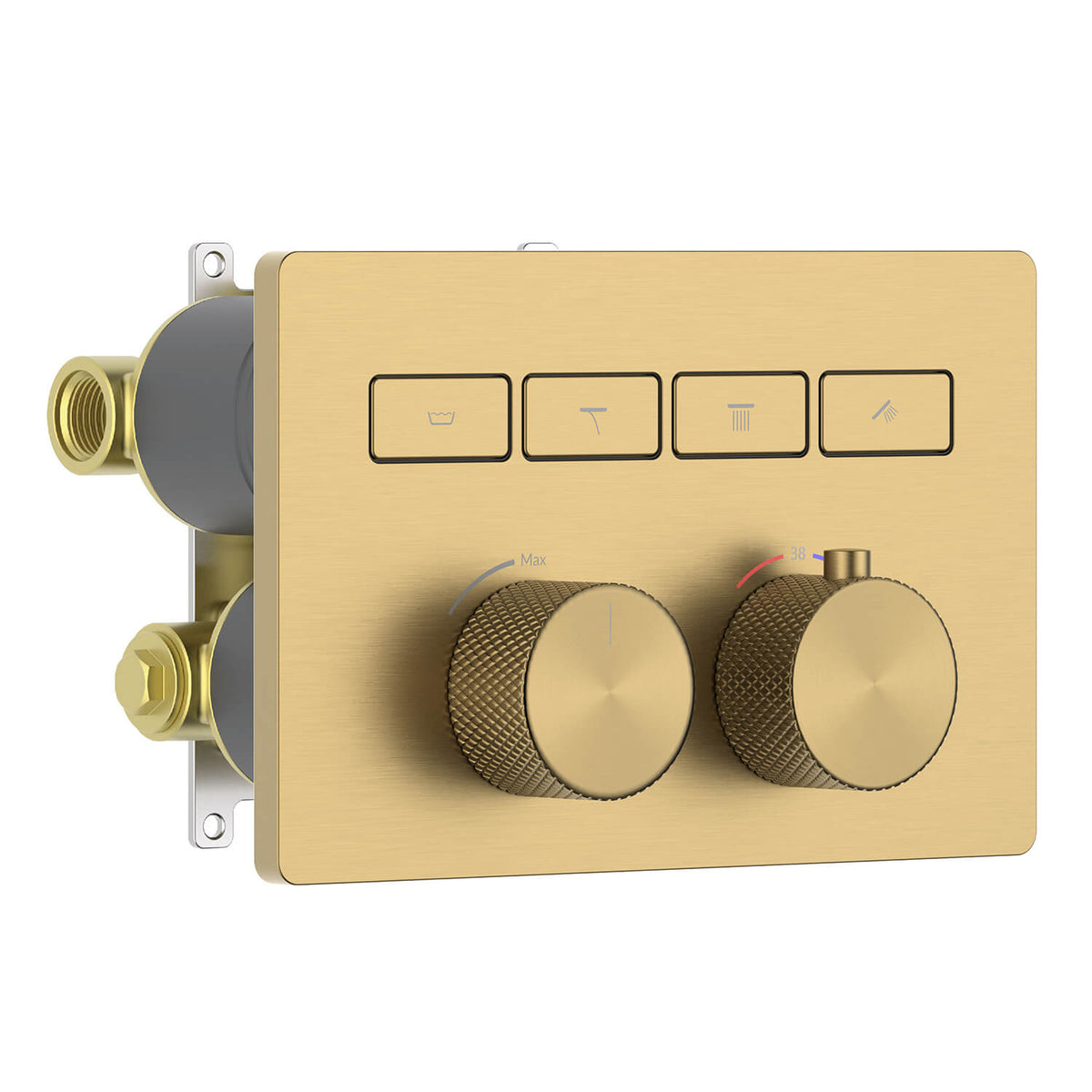 Aquavit VT08B6401 brushed brass four-outlet concealed thermostatic shower mixer with push-button diverters