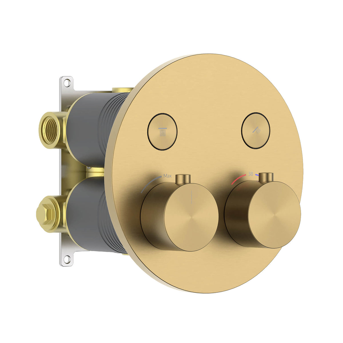 Aquavit VT09B4201 brushed brass round two-outlet concealed thermostatic shower mixer with push-button diverters