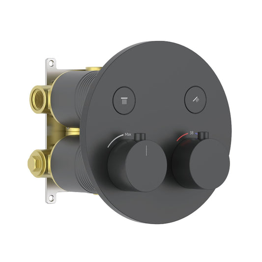 Aquavit VT09B4201 matte black round two-outlet concealed thermostatic shower mixer with push-button diverters