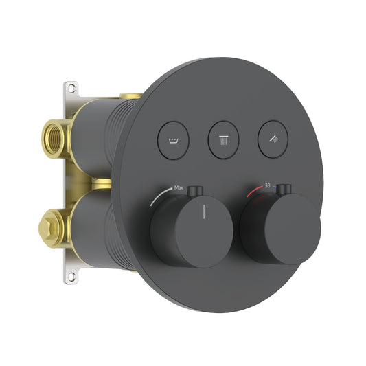 Aquavit VT09B5301 matte black round three-outlet concealed thermostatic shower mixer with push-button diverters