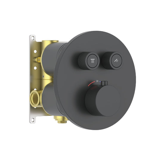 Aquavit matte black round two-outlet concealed thermostatic shower mixer with push-button volume controls VT09C3201