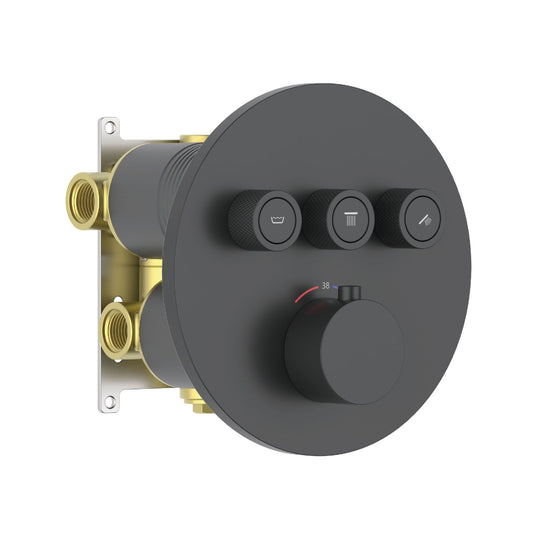 Aquavit matte black round three-outlet concealed thermostatic shower mixer with push-button volume controls VT09C4301