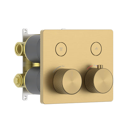 Aquavit VT12B4201 brushed brass soft-square two-outlet concealed thermostatic shower mixer with knurled handles