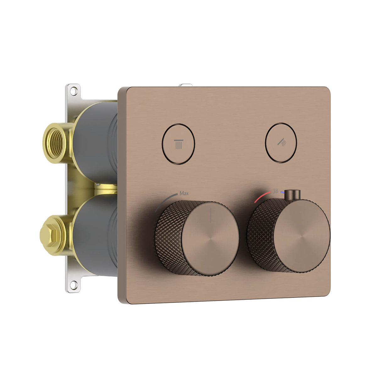 Aquavit VT12B4201 brushed bronze soft-square two-outlet concealed thermostatic shower mixer with knurled handles