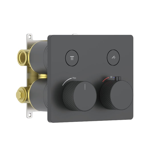 Aquavit VT12B4201 matte black soft-square two-outlet concealed thermostatic shower mixer with knurled handles