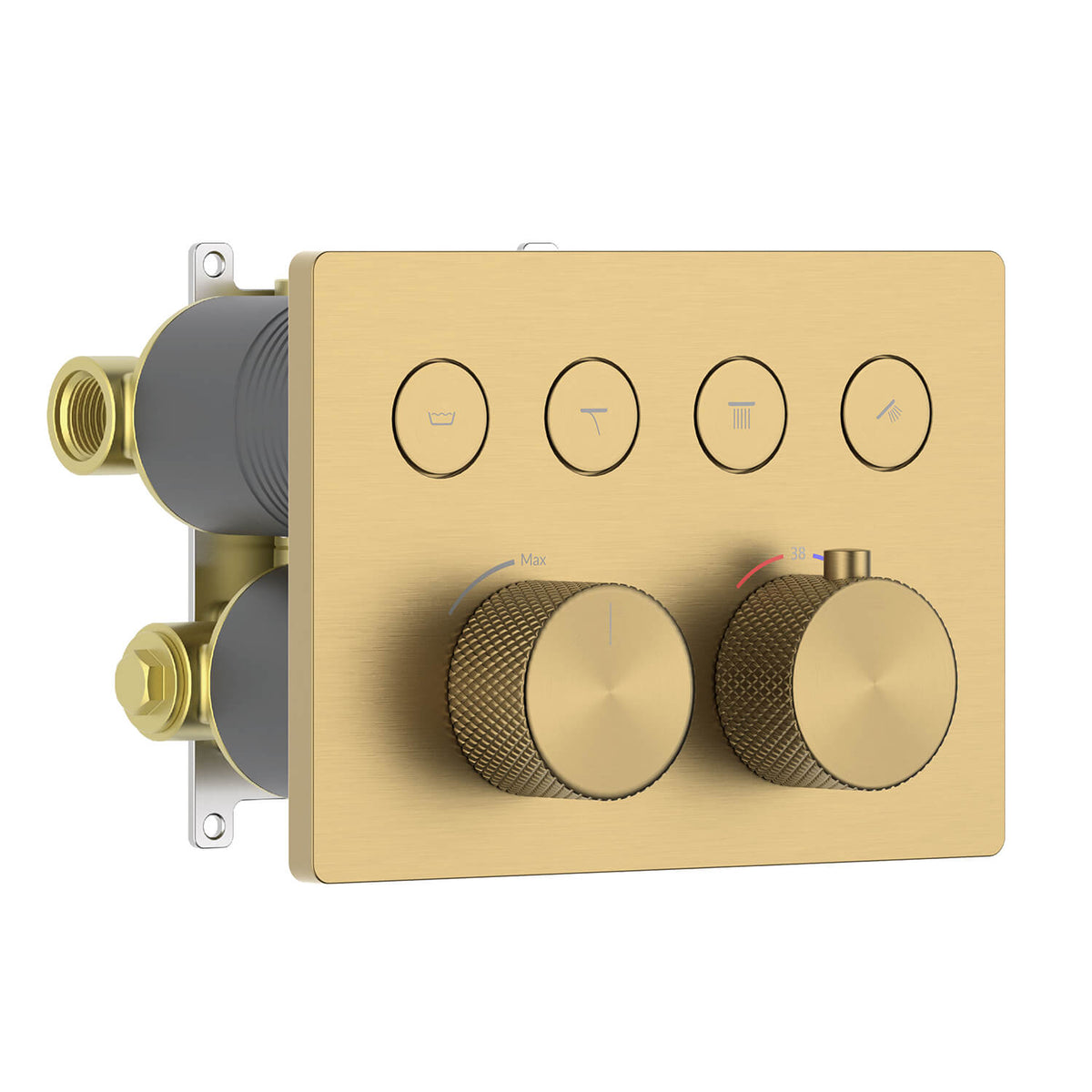Aquavit VT12B6401 brushed brass soft-square four-outlet concealed thermostatic shower mixer with knurled handles