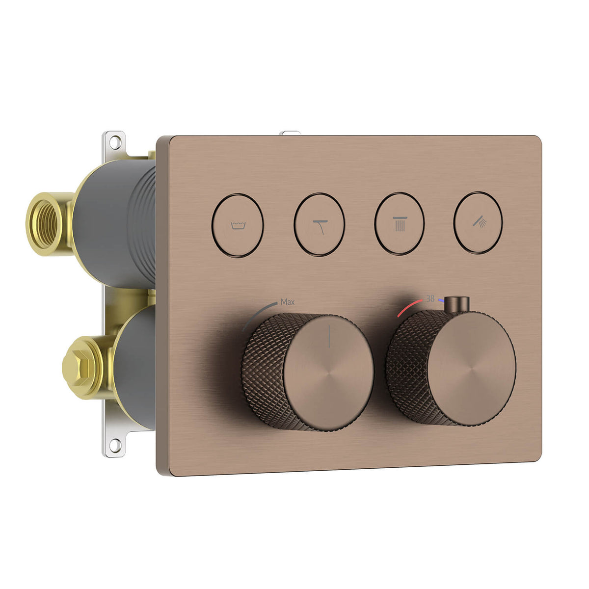 Aquavit VT12B6401 brushed bronze soft-square four-outlet concealed thermostatic shower mixer with knurled handles