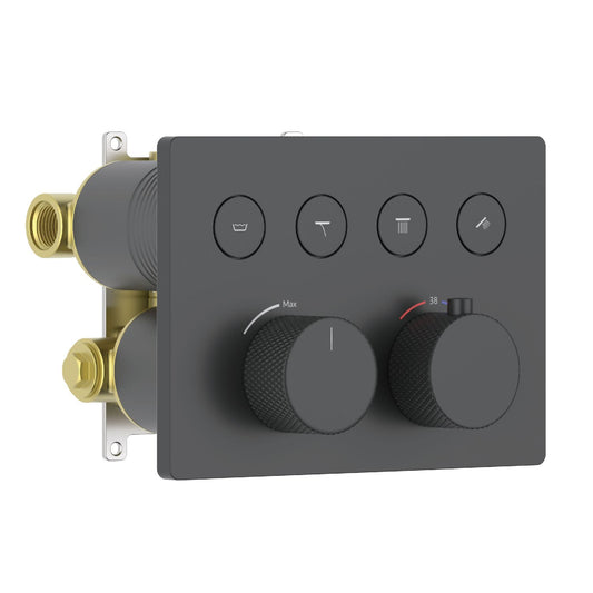 Aquavit VT12B6401 matte black soft-square four-outlet concealed thermostatic shower mixer with knurled handles