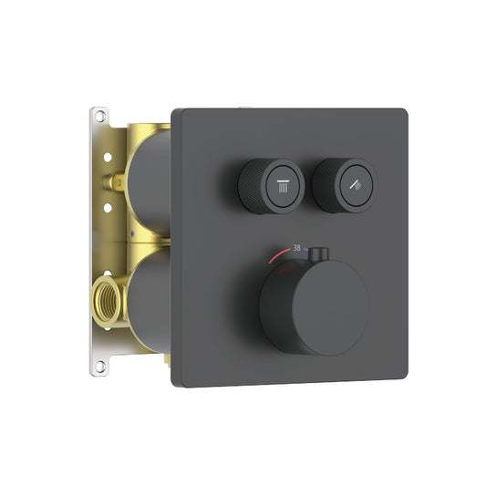 Aquavit matte black square two-outlet concealed thermostatic shower mixer with push-button volume controls VT12C3201