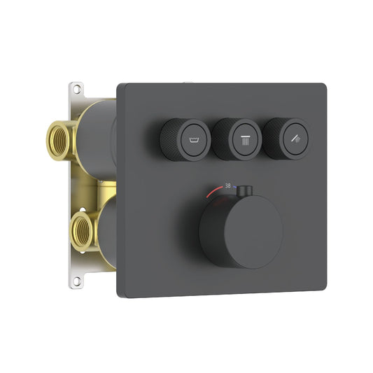 Aquavit matte black square three-outlet concealed thermostatic shower mixer with push-button volume controls VT12C4301
